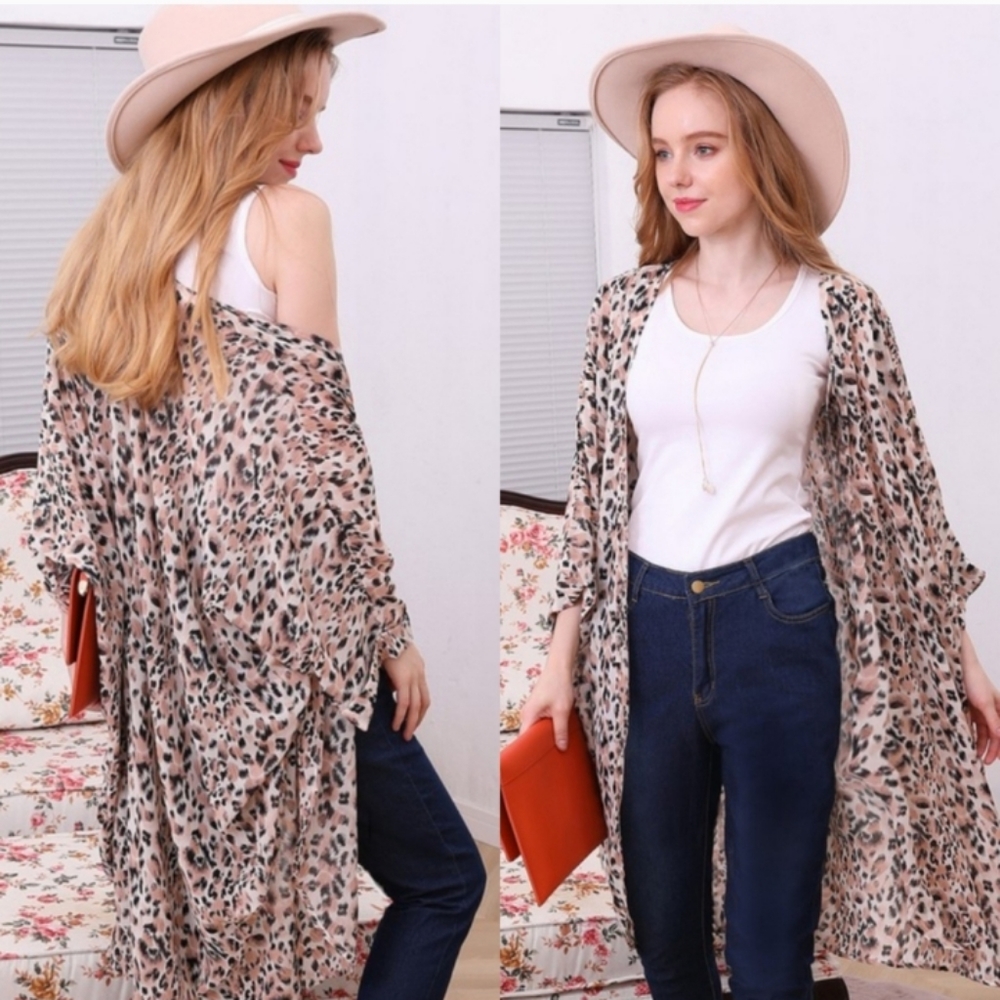 Ninexis Leopard Open Kimono Swim Beach Coverup Duster Shawl Wrap